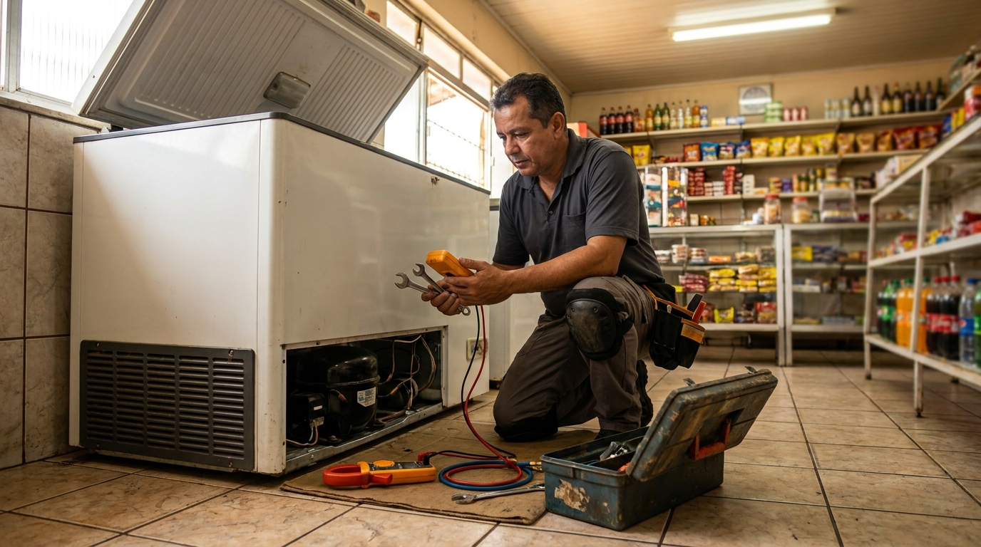 Técnico realizando manutenção de motor de freezer em Piracicaba‑SP