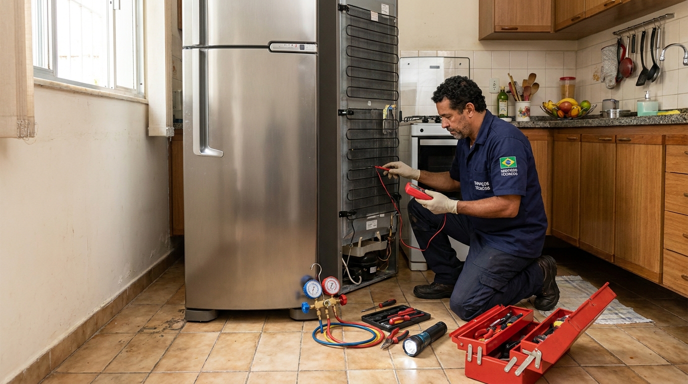 Técnico realizando manutenção de motor de geladeira em Piracicaba‑SP