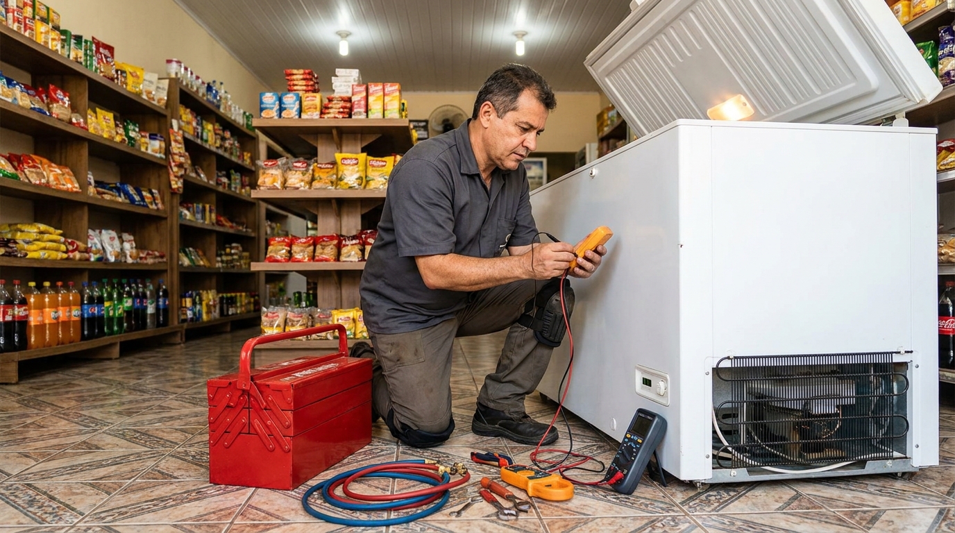 Recarga de gás refrigerante em freezer em atendimento em Piracicaba‑SP