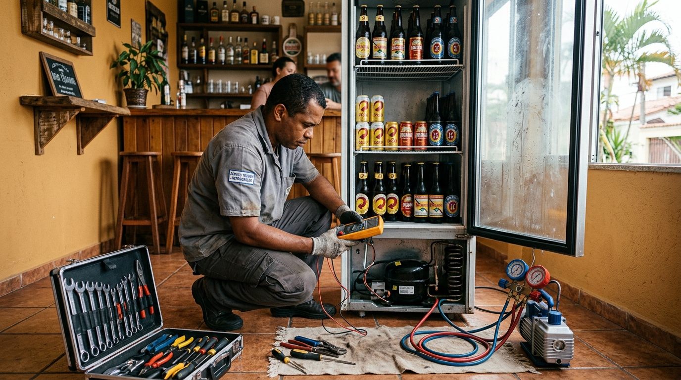 Troca de termostato de cervejeira em atendimento técnico em Piracicaba‑SP
